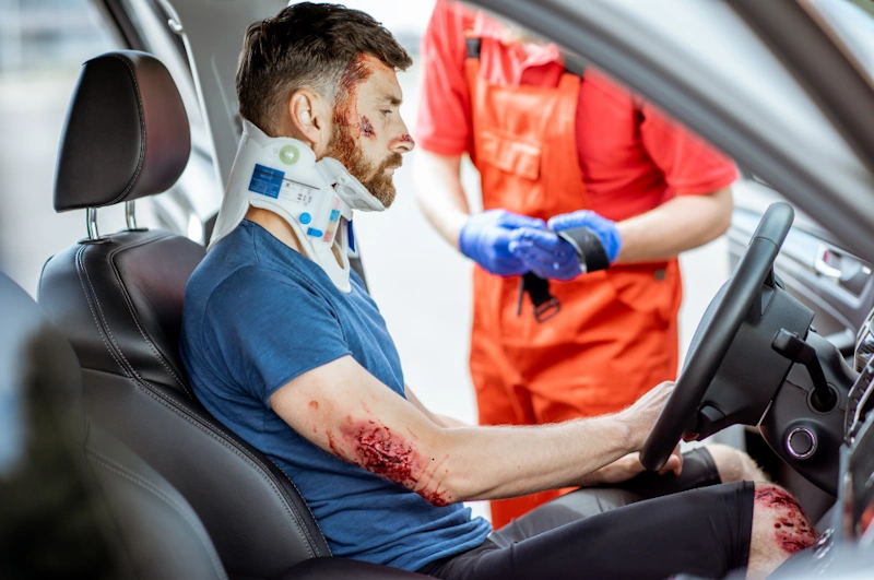 Injured man sitting in the driver's seat following a car accident in Myrtle Beach.