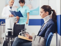 Young patient in the waiting room at the hospital Young female patient with cervical collar support at the hospital, she is sitting in the waiting room and connecting with a digital tablet, medical staff working on the background
