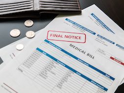 Medical bill from the hospital, concept of rising medical cost. Medical bill from the hospital, concept of rising medical cost, selective focus. All data on the bill and form design are fictional, created specially for this concept.