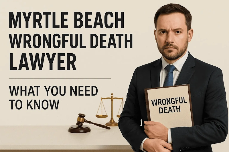 Myrtle Beach Wrongful Death Lawyer holding a folder with legal symbols in the background.