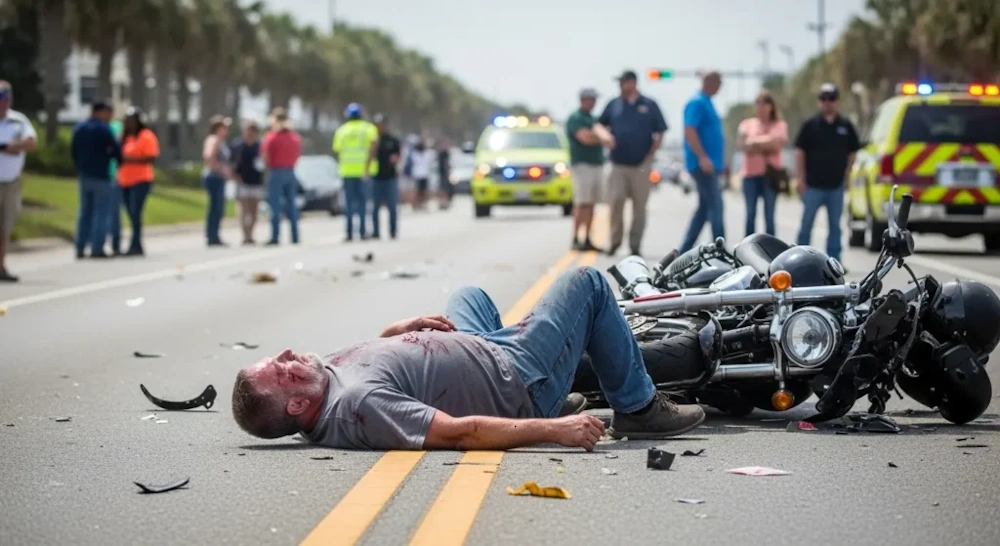 Injured man lying beside a wrecked motorcycle after a crash, highlighting the need for a Myrtle Beach motorcycle accident attorney.