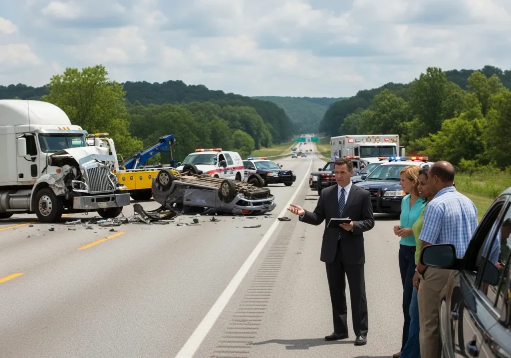 Traffic accident scene on a highway highlighting the importance of Truck Accident Lawyer in Conway