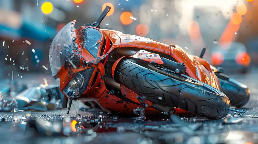A damaged motorcycle lying on a wet street indicating the benefits of hiring a Motorcycle Accident in Conway, SC