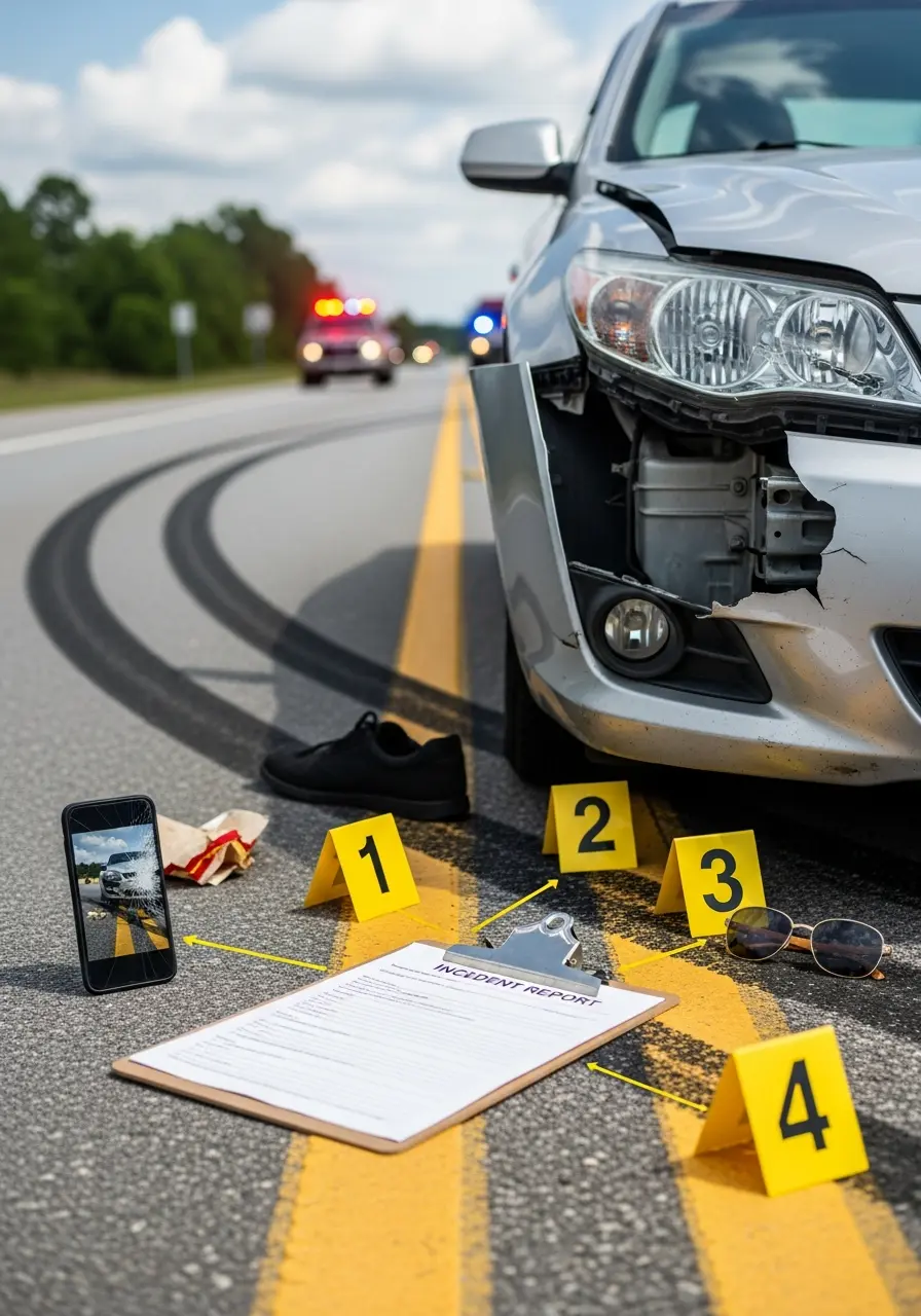 Damaged car on a road requiring a Personal Injury Lawyer in Dillon SC