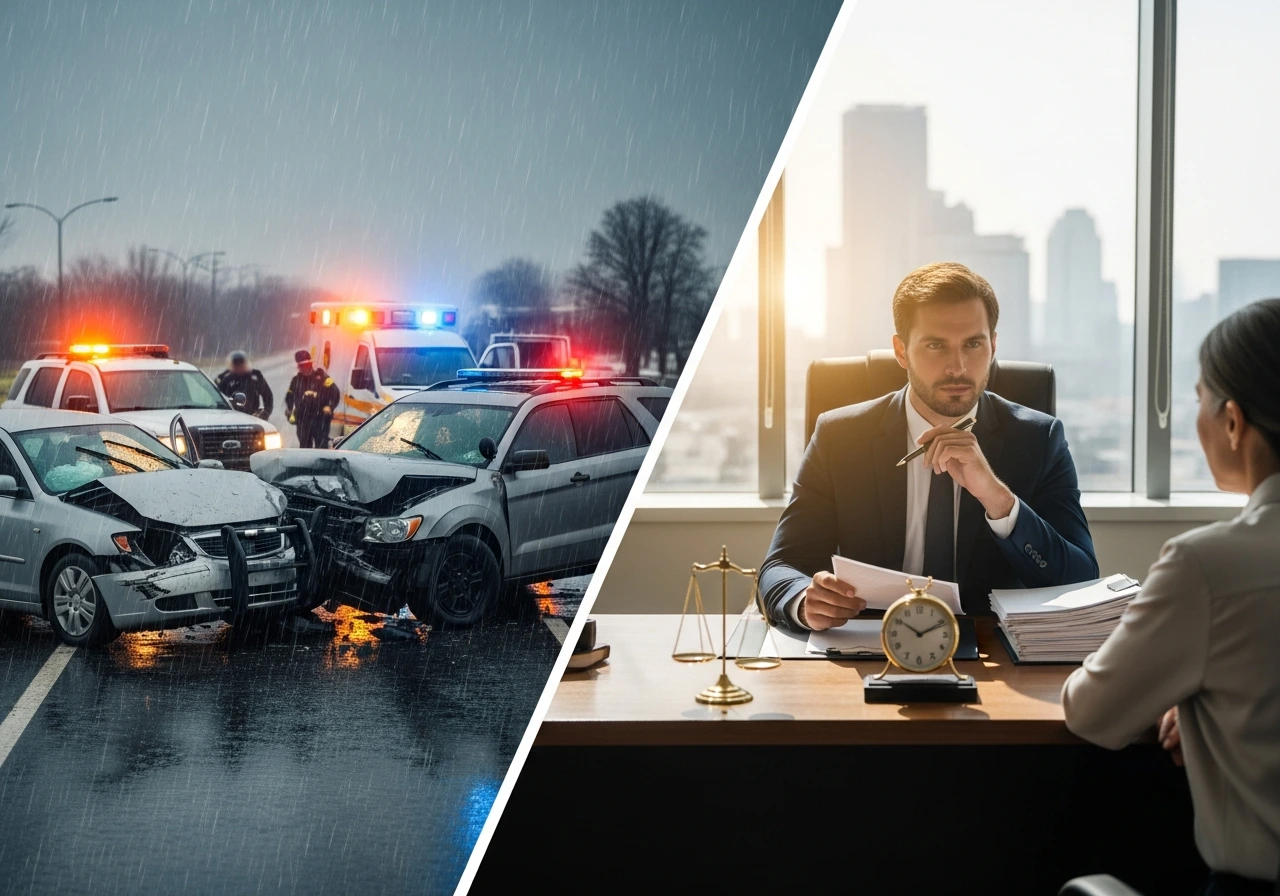 A split image of a car accident in the rain and an office meeting symbolizing advantage of hiring a Marion Car Accident Lawyer