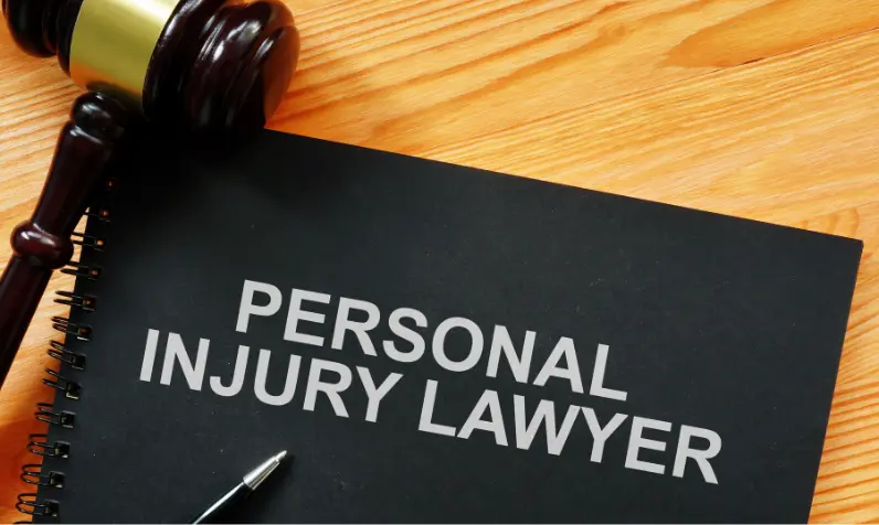 A legal gavel and a black notebook with the text "Personal Injury Lawyer" on a wooden desk, representing a Personal Injury Lawyer in Lake City, SC.