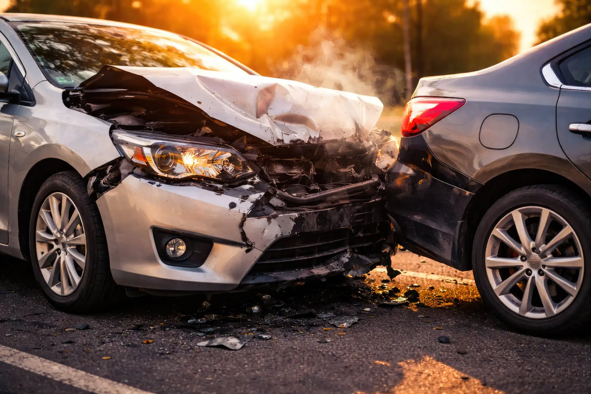 A two-car rear-end collision on the road, illustrating a scenario where an injured victim might need a Pawleys Island car accident lawyer.